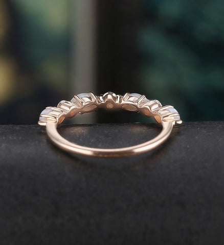 Marquise Cut Opal Wedding Band Half Eternity Moissanite Rose Gold Wedding Ring Unique Diamond Promise Anniversary Bridal Ring Gift for Her