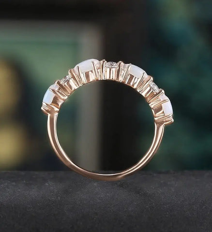 Marquise Cut Opal Wedding Band Half Eternity Moissanite Rose Gold Wedding Ring Unique Diamond Promise Anniversary Bridal Ring Gift for Her