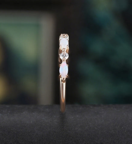 Marquise Cut Opal Wedding Band Half Eternity Moissanite Rose Gold Wedding Ring Unique Diamond Promise Anniversary Bridal Ring Gift for Her