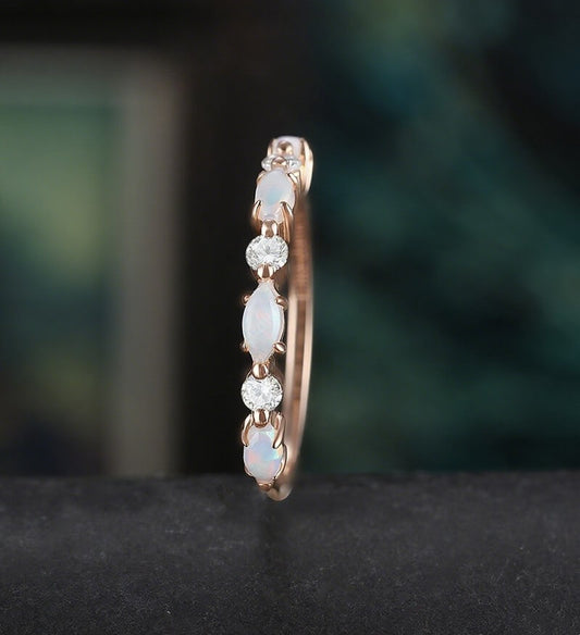 Marquise Cut Opal Wedding Band Half Eternity Moissanite Rose Gold Wedding Ring Unique Diamond Promise Anniversary Bridal Ring Gift for Her