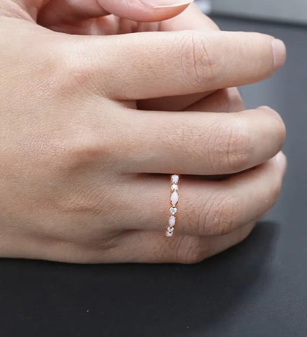 Marquise Cut Opal Wedding Band Half Eternity Moissanite Rose Gold Wedding Ring Unique Diamond Promise Anniversary Bridal Ring Gift for Her
