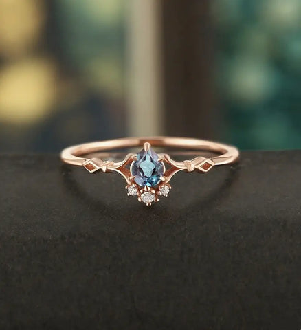 Lab Alexandrite Engagement Ring Pear Shaped Solid Gild Ring Vintage Wedding Ring Bridal Promise Women Ring