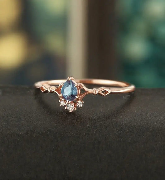 Lab Alexandrite Engagement Ring Pear Shaped Solid Gild Ring Vintage Wedding Ring Bridal Promise Women Ring