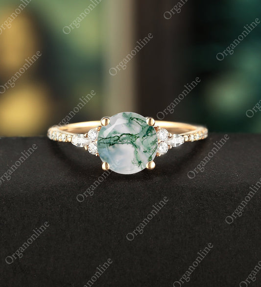 7mm Round Cut Moss Agate Engagement Ring Vintage Marquise Cut Moissanite Rose Gold Ring Ring Promise Half Eternity Diamond Wedding Ring Unique Anniversary Ring Gift for Her