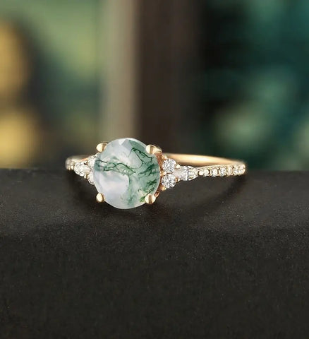 7mm Round Cut Moss Agate Engagement Ring Vintage Marquise Cut Moissanite Rose Gold Ring Ring Promise Half Eternity Diamond Wedding Ring Unique Anniversary Ring Gift for Her