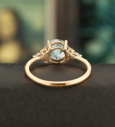 7mm Round Cut Moss Agate Engagement Ring Vintage Marquise Cut Moissanite Rose Gold Ring Ring Promise Half Eternity Diamond Wedding Ring Unique Anniversary Ring Gift for Her