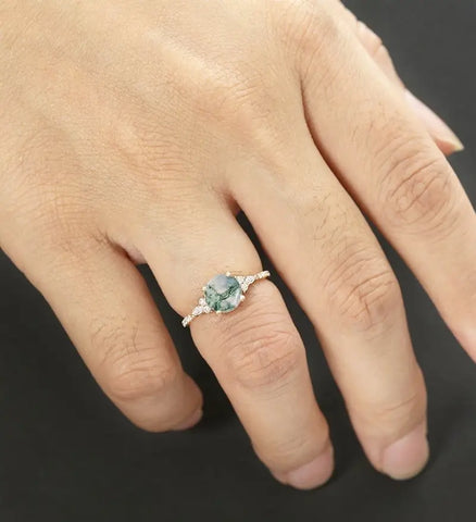 7mm Round Cut Moss Agate Engagement Ring Vintage Marquise Cut Moissanite Rose Gold Ring Ring Promise Half Eternity Diamond Wedding Ring Unique Anniversary Ring Gift for Her