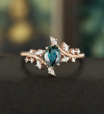 5×7MM Oval Teal Sapphire Ring Solid Gild  Engagement Ring Anniversary Bridal Ring Vintage Wedding Ring Promise Ring For Her
