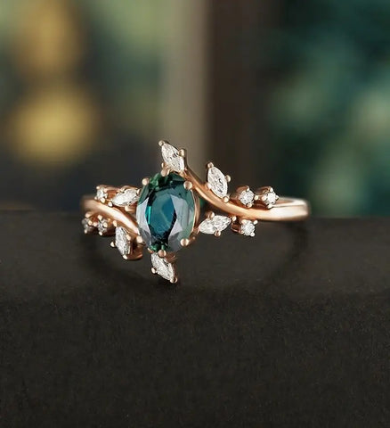 5×7MM Oval Teal Sapphire Ring Solid Gild  Engagement Ring Anniversary Bridal Ring Vintage Wedding Ring Promise Ring For Her