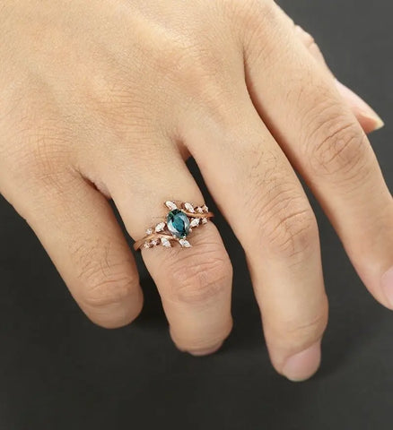 5×7MM Oval Teal Sapphire Ring Solid Gild  Engagement Ring Anniversary Bridal Ring Vintage Wedding Ring Promise Ring For Her