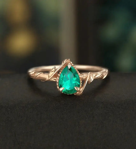 Pear Shaped Lab Emerald Engagement Ring Solid Gold  Moissanite Promise Ring Anniversary triangle Diamond Wedding Ring Vintage Ring Unique Bridal promise Ring For Her