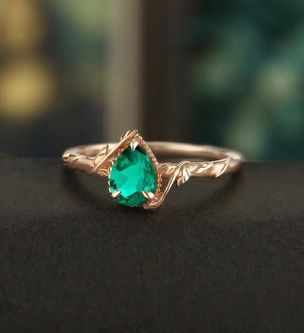 Pear Shaped Lab Emerald Engagement Ring Solid Gold  Moissanite Promise Ring Anniversary triangle Diamond Wedding Ring Vintage Ring Unique Bridal promise Ring For Her