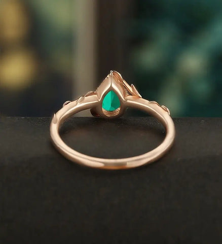 Pear Shaped Lab Emerald Engagement Ring Solid Gold  Moissanite Promise Ring Anniversary triangle Diamond Wedding Ring Vintage Ring Unique Bridal promise Ring For Her
