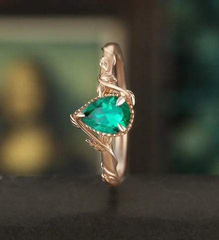 Pear Shaped Lab Emerald Engagement Ring Solid Gold  Moissanite Promise Ring Anniversary triangle Diamond Wedding Ring Vintage Ring Unique Bridal promise Ring For Her