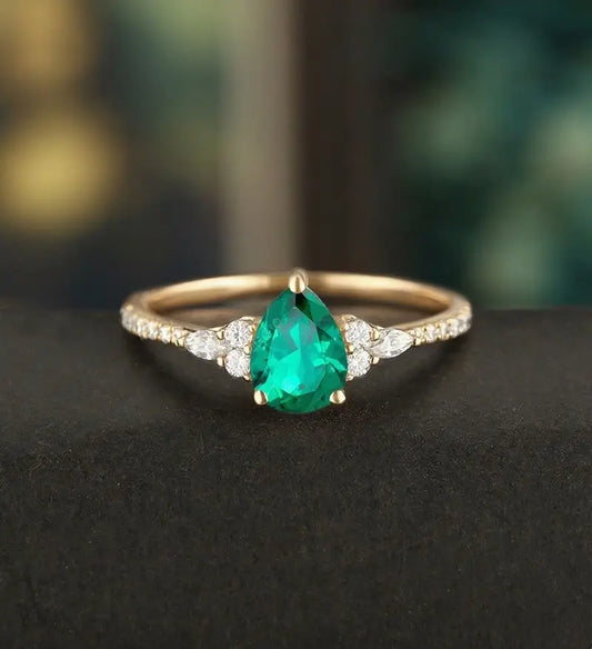 Oval Cut Lab Emerald Ring Vintage Solid Gold Engagement Ring Marquise Cut Moissanite Ring Promise Diamond Wedding Ring Half Eternity Anniversary Ring
