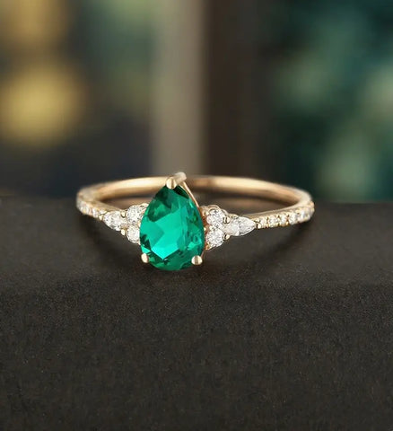 Oval Cut Lab Emerald Ring Vintage Solid Gold Engagement Ring Marquise Cut Moissanite Ring Promise Diamond Wedding Ring Half Eternity Anniversary Ring