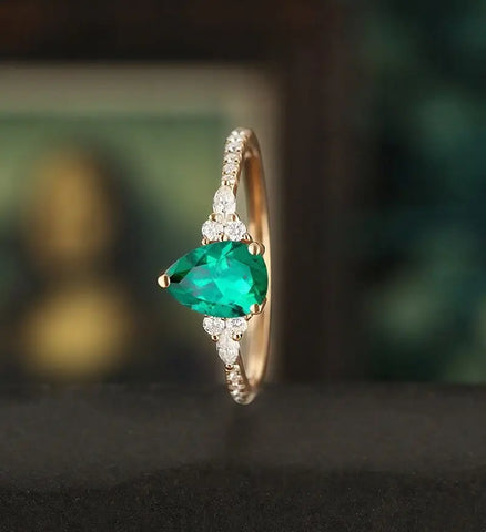 Oval Cut Lab Emerald Ring Vintage Solid Gold Engagement Ring Marquise Cut Moissanite Ring Promise Diamond Wedding Ring Half Eternity Anniversary Ring
