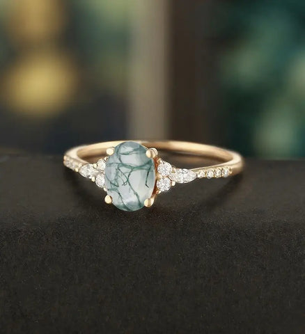 Oval Cut Moss Agate Ring Engagement Ring Rose Gold Marquise Cut Moissanite Anniversary Ring Half Eternity Diamond Wedding Ring Promise Ring Gift for Her
