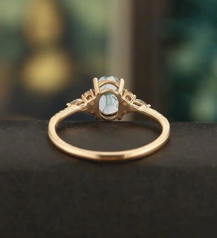 Oval Cut Moss Agate Ring Engagement Ring Rose Gold Marquise Cut Moissanite Anniversary Ring Half Eternity Diamond Wedding Ring Promise Ring Gift for Her