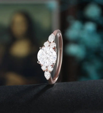 Round Cut Moissanite Engagement Ring Marquise Cut Diamond Ring Vintage Solid Gold Wedding Ring Promise for Her Anniversary Bridal Ring