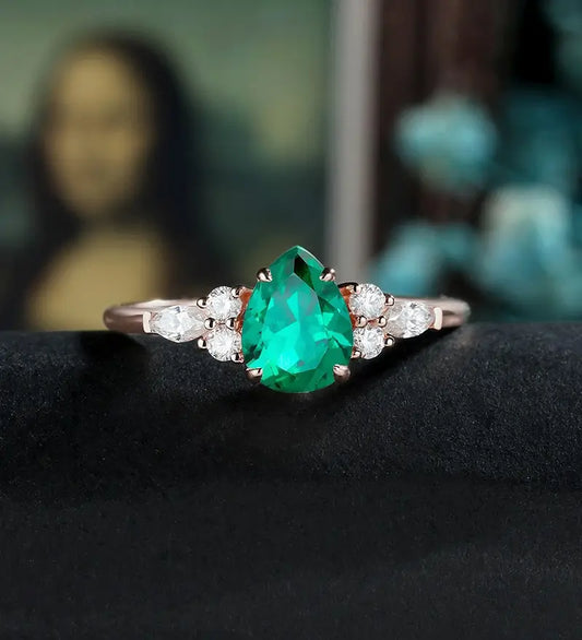 Pear Shaped Lab Emerald Engagement Ring White Gold Marquise Cut Moissanite Ring Unique Prong Set Diamond Wedding Ring Promise Anniversary Bridal Ring