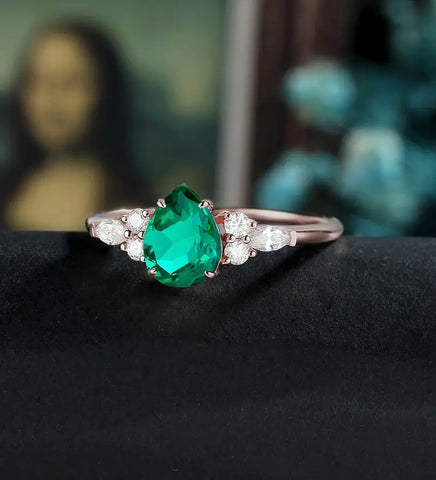 Pear Shaped Lab Emerald Engagement Ring White Gold Marquise Cut Moissanite Ring Unique Prong Set Diamond Wedding Ring Promise Anniversary Bridal Ring