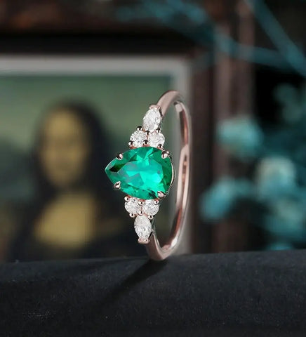 Pear Shaped Lab Emerald Engagement Ring White Gold Marquise Cut Moissanite Ring Unique Prong Set Diamond Wedding Ring Promise Anniversary Bridal Ring