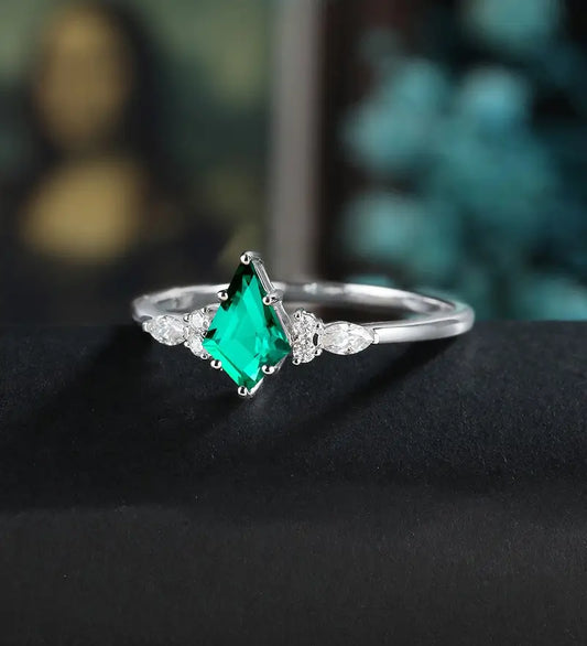 Kite Cut Lab Emerald Engagement Ring White Gold Marquise Cut Moissanite Ring Unique Diamond Wedding Ring Women Promise Anniversary Bridal Ring