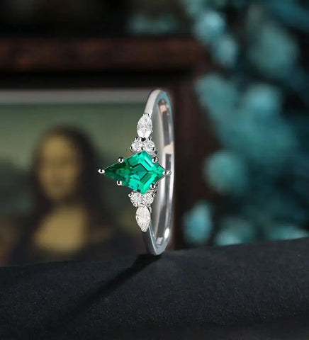 Kite Cut Lab Emerald Engagement Ring White Gold Marquise Cut Moissanite Ring Unique Diamond Wedding Ring Women Promise Anniversary Bridal Ring