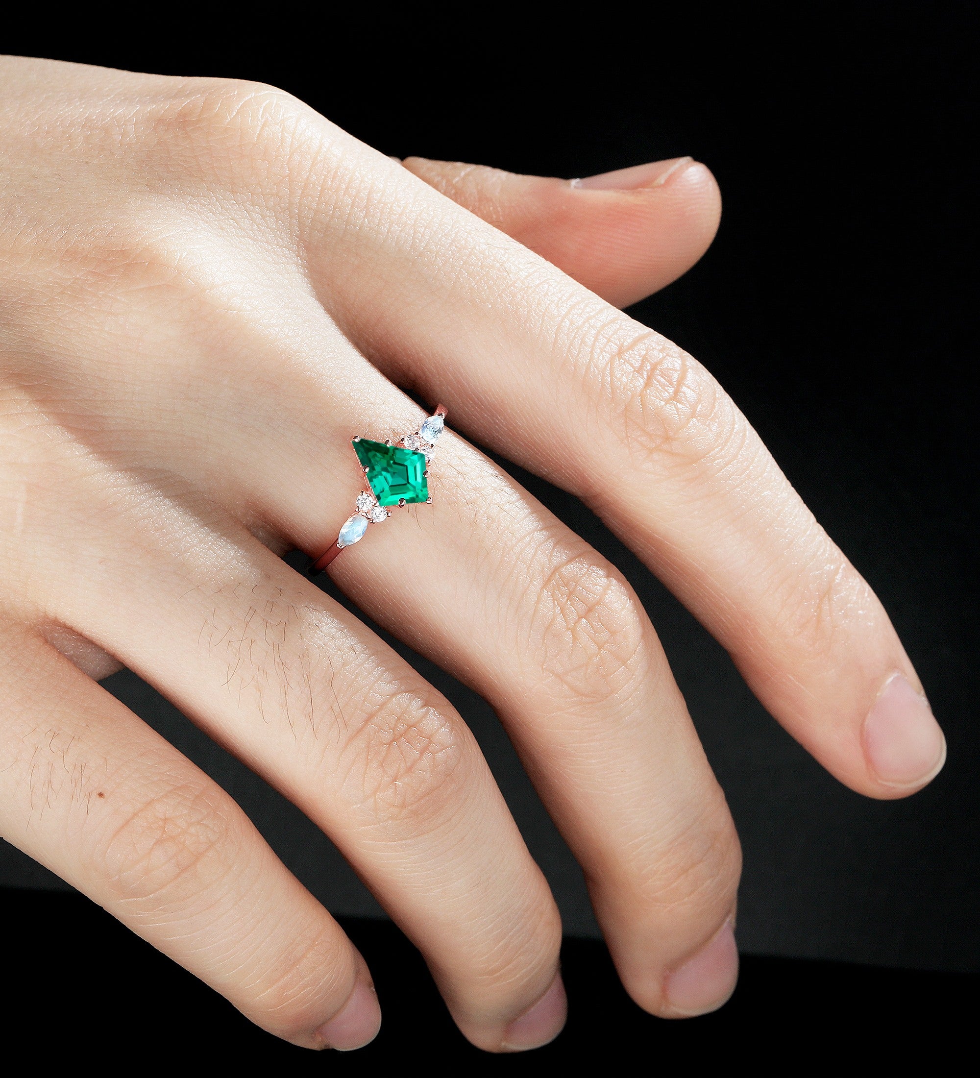 Kite Cut Lab Emerald Engagement Ring Monstone Solid Gold Promise Ring Anniversary Diamond Wedding Ring Solid Gold Vintage Ring Unique Bridal promise Ring For Women