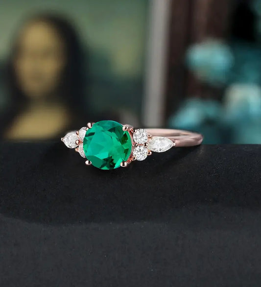 6.5MM Round Lab Emeral Engagement Ring Anniversary Solid Gold Ring Diamond Wedding Ring 18k/14k/10k gold Promise Ring Unique Bridal promise Ring For Her