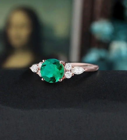 6.5MM Round Lab Emeral Engagement Ring Anniversary Solid Gold Ring Diamond Wedding Ring 18k/14k/10k gold Promise Ring Unique Bridal promise Ring For Her