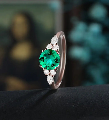 6.5MM Round Lab Emeral Engagement Ring Anniversary Solid Gold Ring Diamond Wedding Ring 18k/14k/10k gold Promise Ring Unique Bridal promise Ring For Her