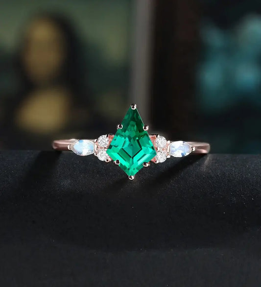 Kite Cut Lab Emerald Engagement Ring Monstone Solid Gold Promise Ring Anniversary Diamond Wedding Ring Solid Gold Vintage Ring Unique Bridal promise Ring For Women