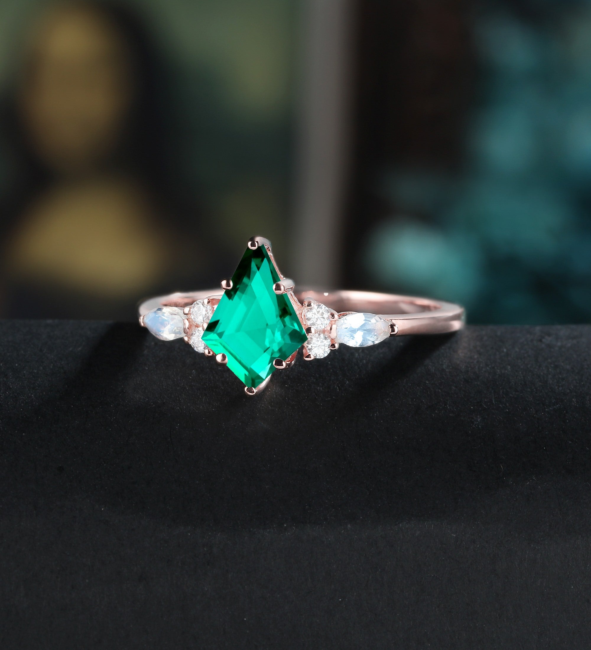 Kite Cut Lab Emerald Engagement Ring Monstone Solid Gold Promise Ring Anniversary Diamond Wedding Ring Solid Gold Vintage Ring Unique Bridal promise Ring For Women