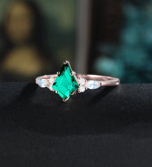 Kite Cut Lab Emerald Engagement Ring Monstone Solid Gold Promise Ring Anniversary Diamond Wedding Ring Solid Gold Vintage Ring Unique Bridal promise Ring For Women