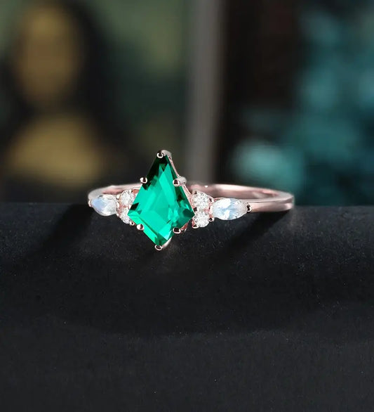 Kite Cut Lab Emerald Engagement Ring Monstone Solid Gold Promise Ring Anniversary Diamond Wedding Ring Solid Gold Vintage Ring Unique Bridal promise Ring For Women