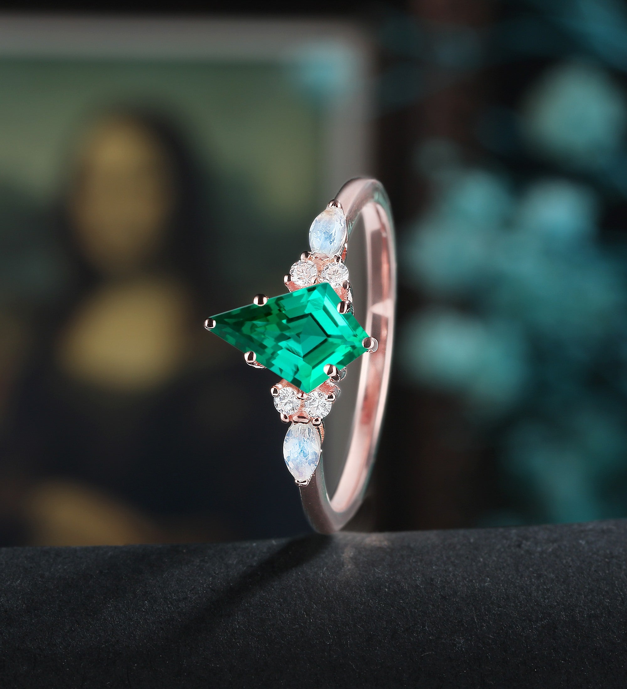 Kite Cut Lab Emerald Engagement Ring Monstone Solid Gold Promise Ring Anniversary Diamond Wedding Ring Solid Gold Vintage Ring Unique Bridal promise Ring For Women