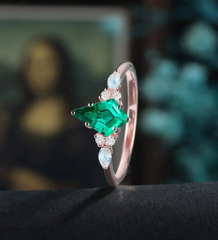 Kite Cut Lab Emerald Engagement Ring Monstone Solid Gold Promise Ring Anniversary Diamond Wedding Ring Solid Gold Vintage Ring Unique Bridal promise Ring For Women