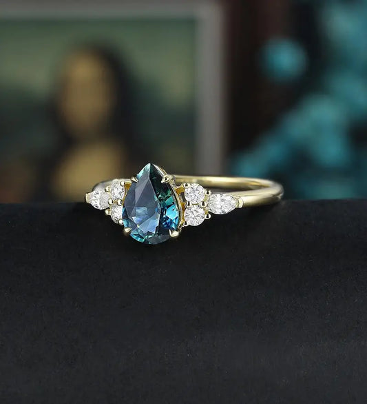Pear Shaped Teal Sapphire Engagement Ring Yellow Gold Marquise Cut Moissanite Ring Vintage Prong Set Diamond Wedding Ring Promise Anniversary Bridal Ring