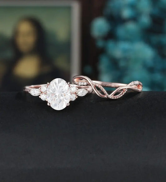 Oval Cut Moissanite Bridal Set Engagement Ring Set Vintage Bridal Set Anniversary Diamond Wedding Ring Solid Gold Promise Ring For Women
