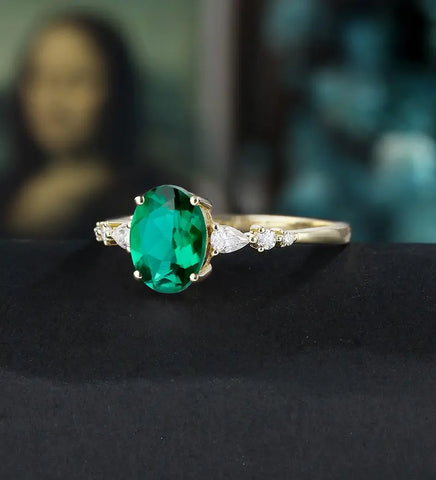 Oval Lab Emerald Engagement Ring Solid Gold Promise Ring Anniversary Diamond Wedding Ring Vintage Ring Unique Bridal promise Ring For Her