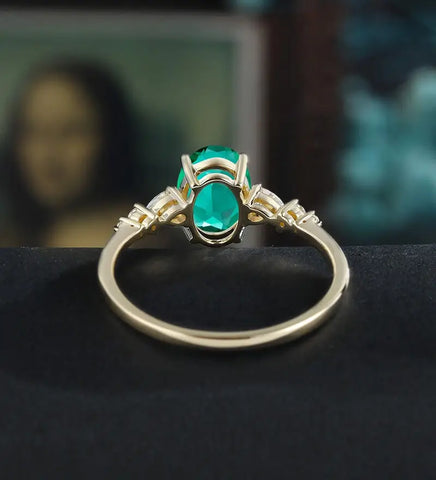 Oval Lab Emerald Engagement Ring Solid Gold Promise Ring Anniversary Diamond Wedding Ring Vintage Ring Unique Bridal promise Ring For Her