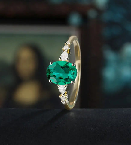 Oval Lab Emerald Engagement Ring Solid Gold Promise Ring Anniversary Diamond Wedding Ring Vintage Ring Unique Bridal promise Ring For Her