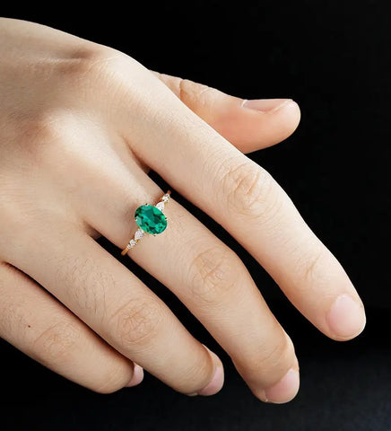 Oval Lab Emerald Engagement Ring Solid Gold Promise Ring Anniversary Diamond Wedding Ring Vintage Ring Unique Bridal promise Ring For Her