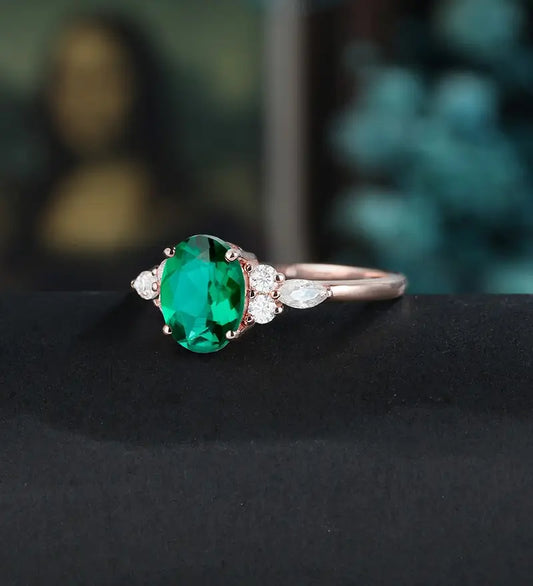 14K/18K Solid Gold Emerald Engagement Ring Oval Lab Emerald Promise Ring Anniversary Moissanite Diamond Wedding Ring Vintage Bridal Ring For Her