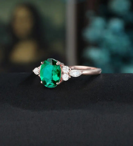 14K/18K Solid Gold Emerald Engagement Ring Oval Lab Emerald Promise Ring Anniversary Moissanite Diamond Wedding Ring Vintage Bridal Ring For Her