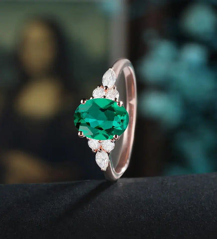 14K/18K Solid Gold Emerald Engagement Ring Oval Lab Emerald Promise Ring Anniversary Moissanite Diamond Wedding Ring Vintage Bridal Ring For Her