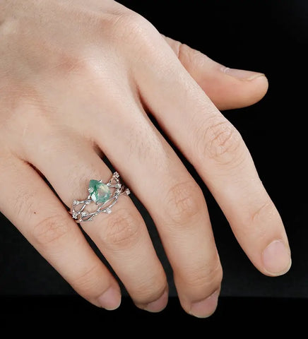 Moss Agate Engagement Ring Set Solid Gold Bridal Set Anniversary Moissanite Diamond Wedding Ring Anniversary Promise Ring For Her