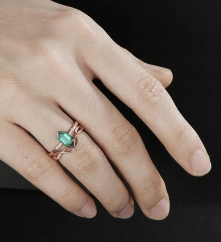 Long Hexagon Emerald Bridal Set Solid Gold Engagement Ring Set Unique Dimond Bridal Set Anniversary Wedding Ring Vintage Promise Ring For Her